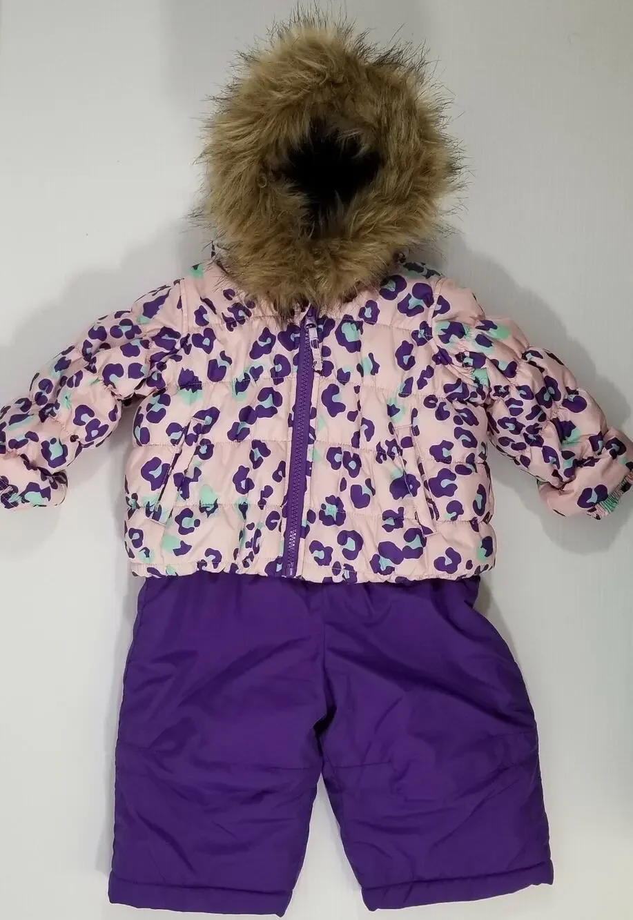 II) Infant Toughskins Waterproof Snow Jacket Bib Snow Pants Purple Leopard 12M